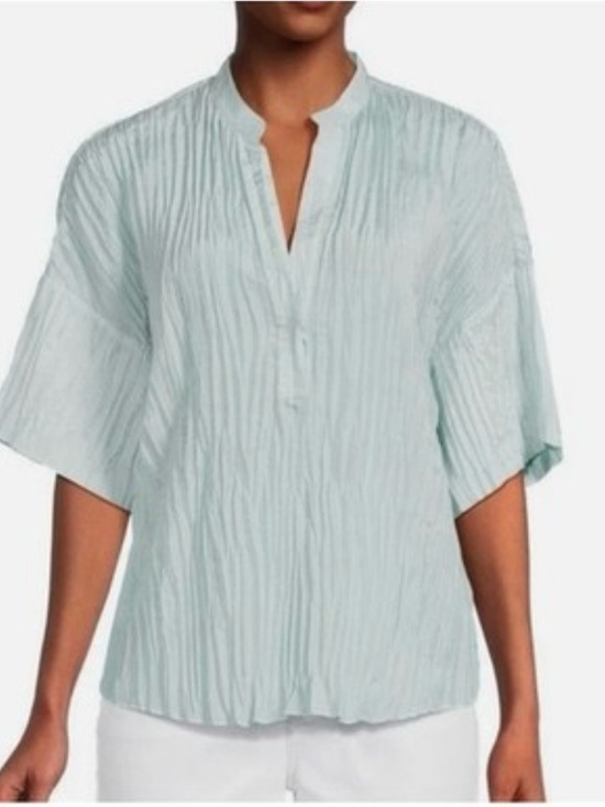 Vince Tops - Vince Silk Sky Blue Pleated Split-Neck Textured Blouse